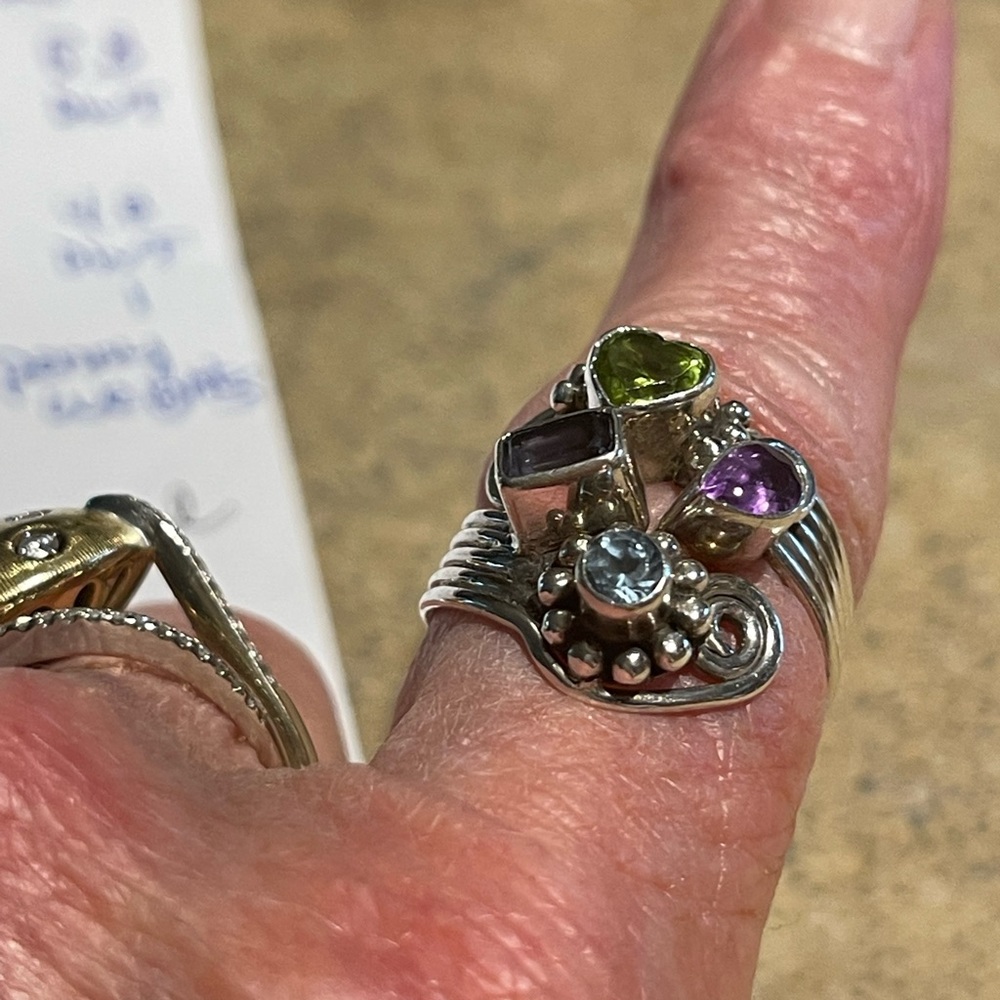 STERLING SILVER SIZE 7.75” RING WITH INSET GEM STONES!  A DELIGHTFUL SPARKLE!